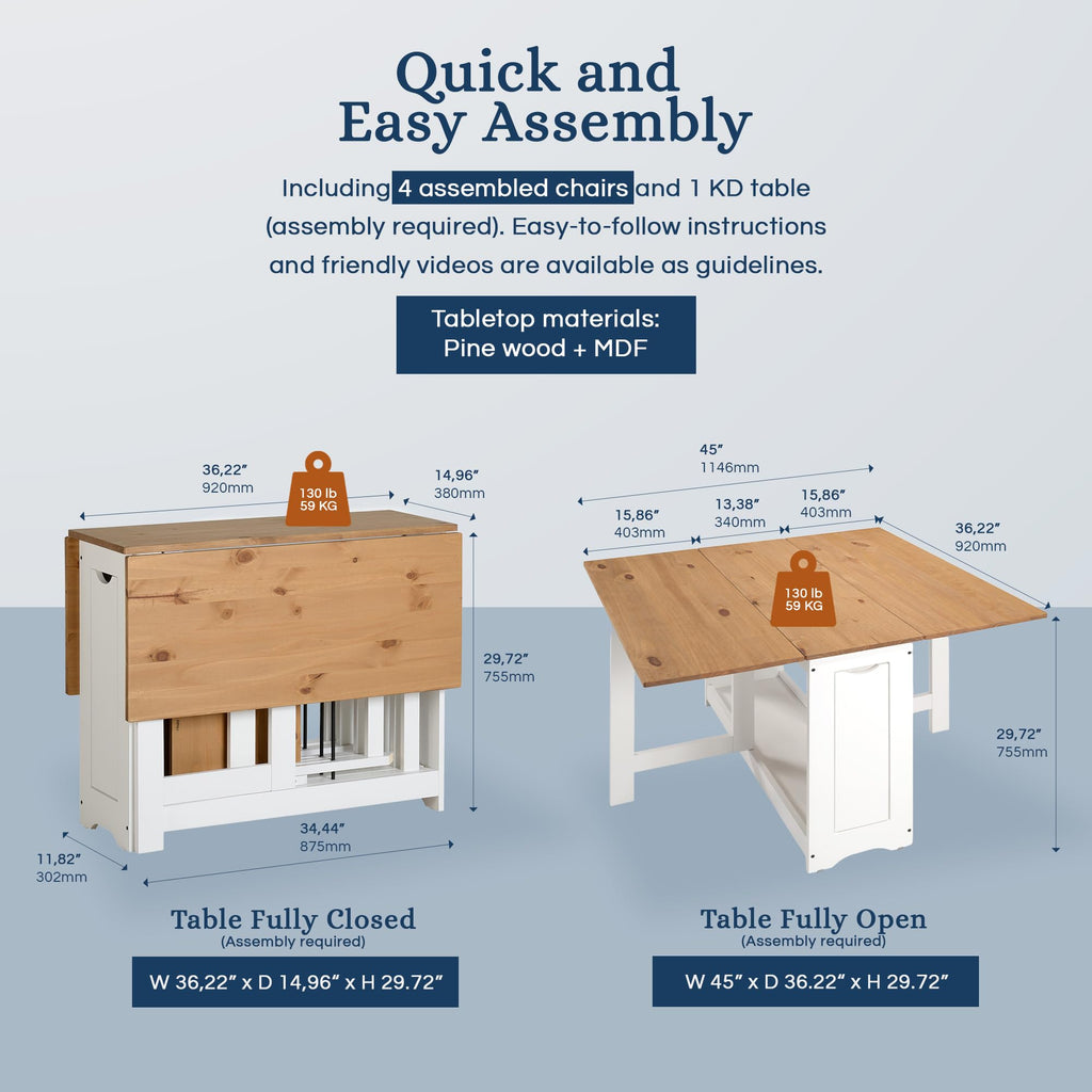 Santos Butterfly Folding Dining Table Set with 4 Chairs - Space-Saving Table with Nesting Chairs and Storage Shelf