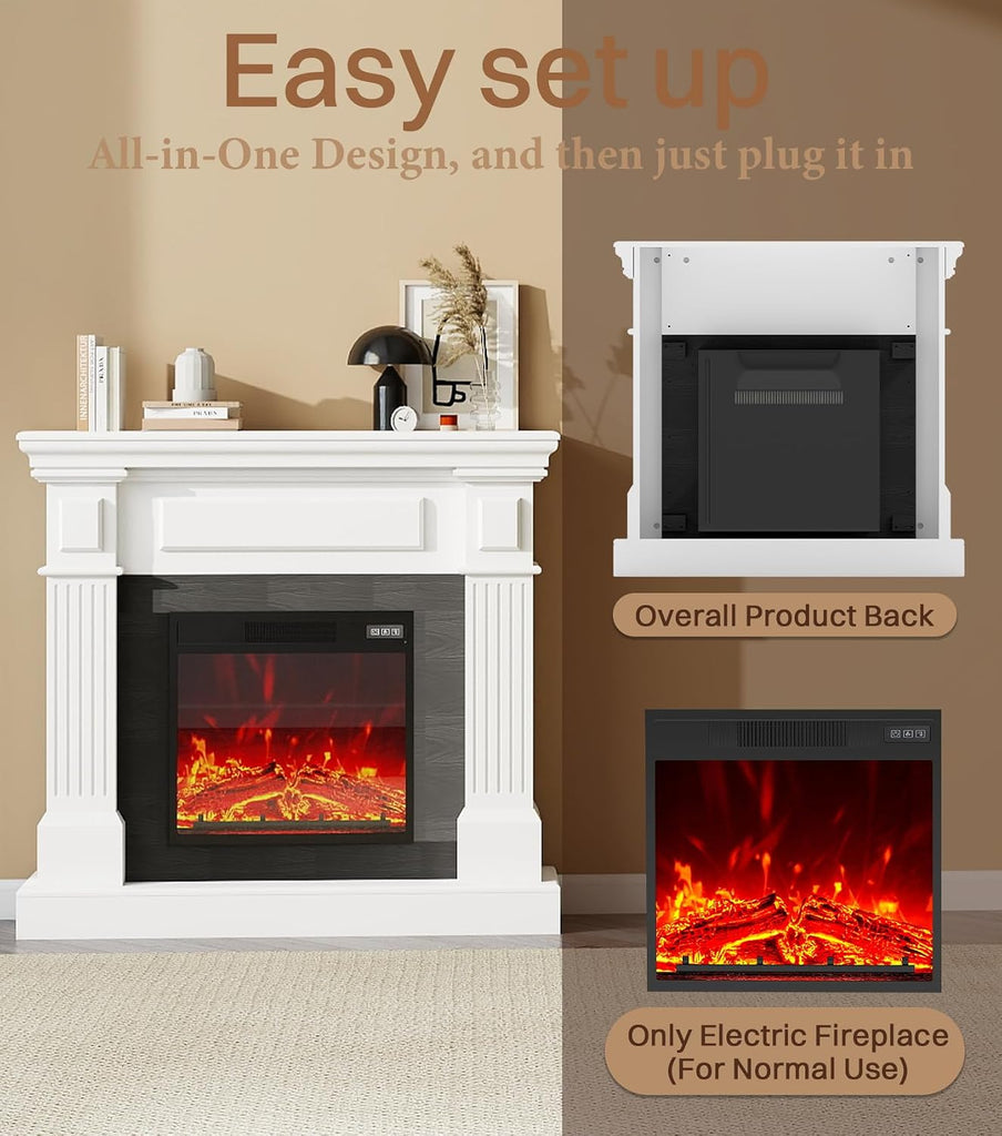 40" Electric Fireplace with Mantel, TV Stand＆Freestanding Fireplace, 18 inch Electric Fireplace Heater with 4 Flame