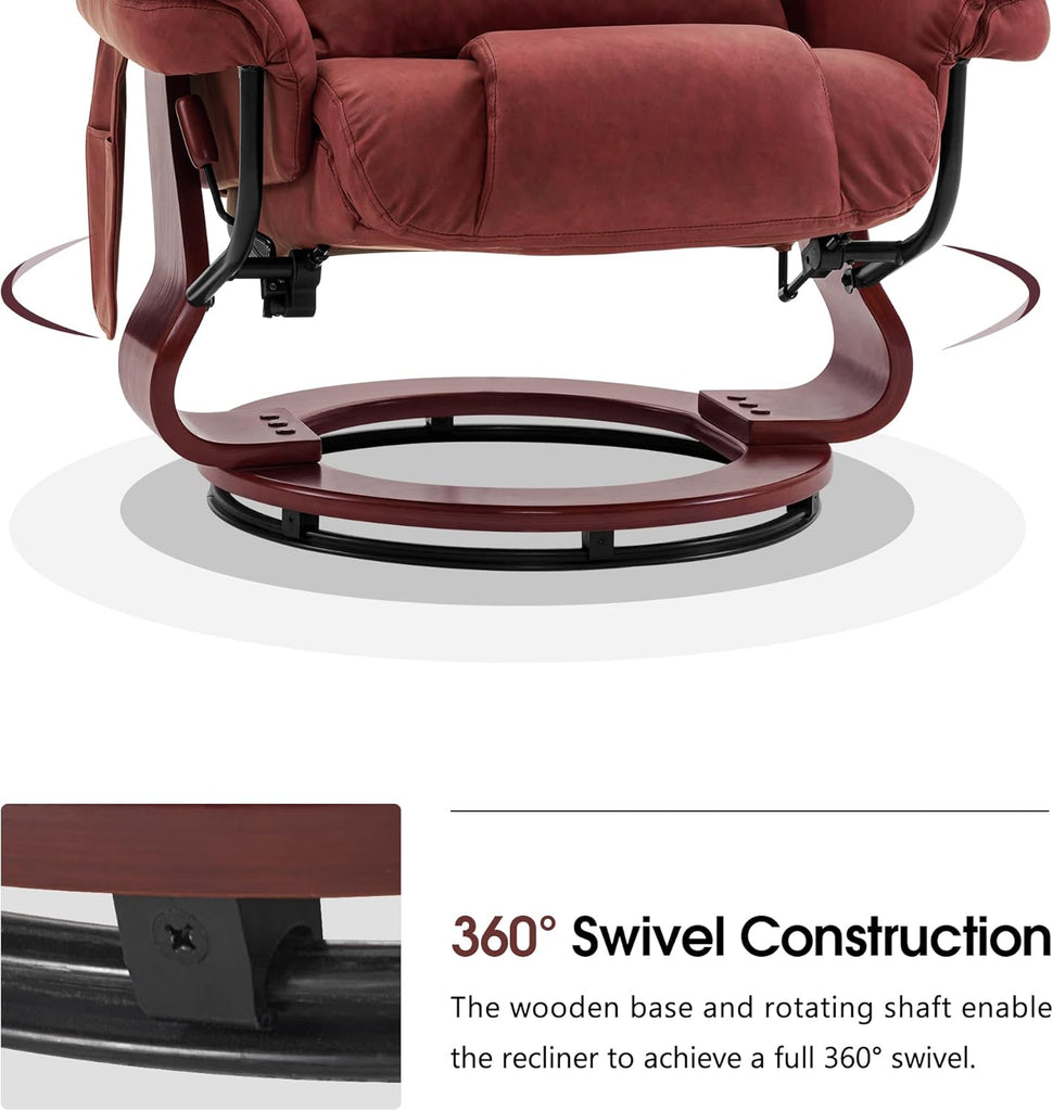 Modern Reclining Swivel Lounge Chair and Ottoman — Burgundy Faux Leather