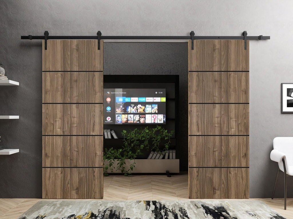 Sliding Double Barn Doors with Hardware | Planum 0015 Walnut | 13FT Rail Hangers Sturdy Set | Modern