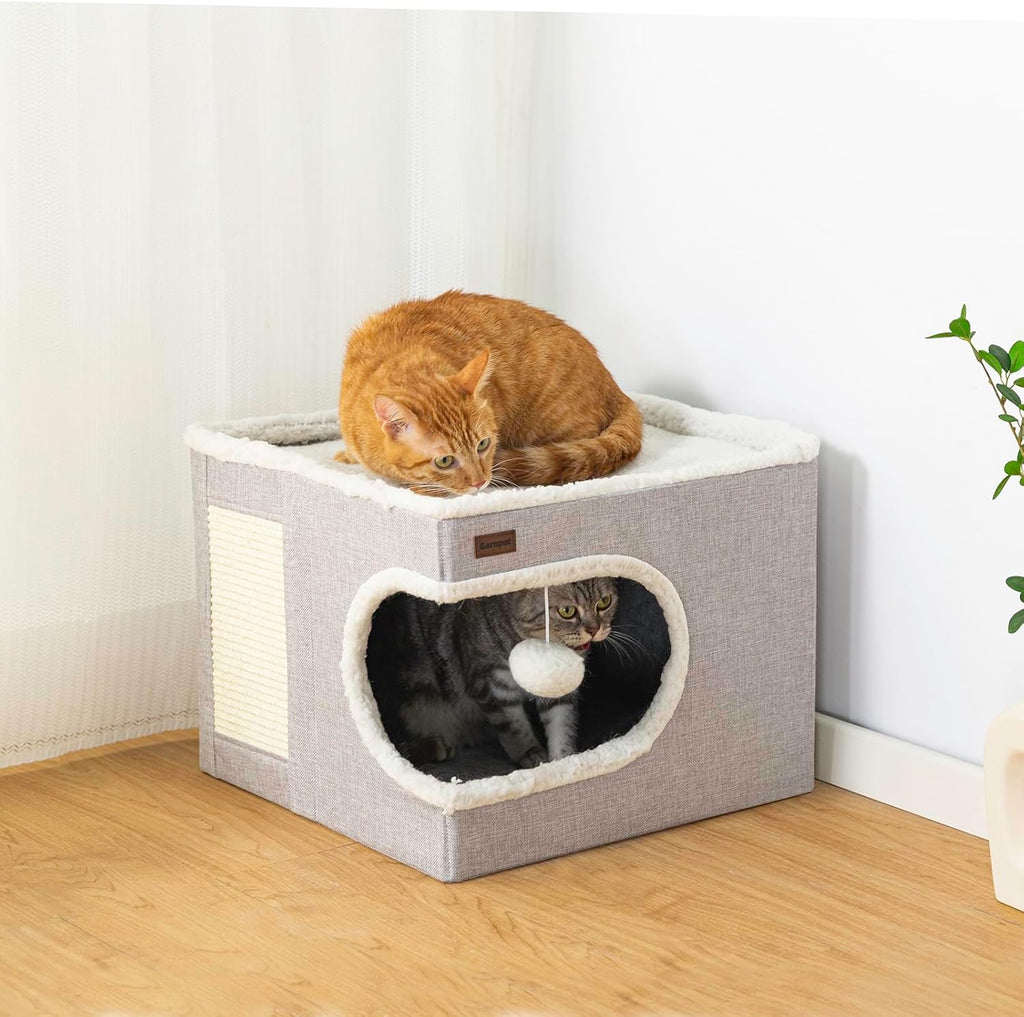 Cat Bed for Indoor Cats Cube House, Covered Cat Cave Beds & Furniture with Scratch Pad and Hideaway Tent