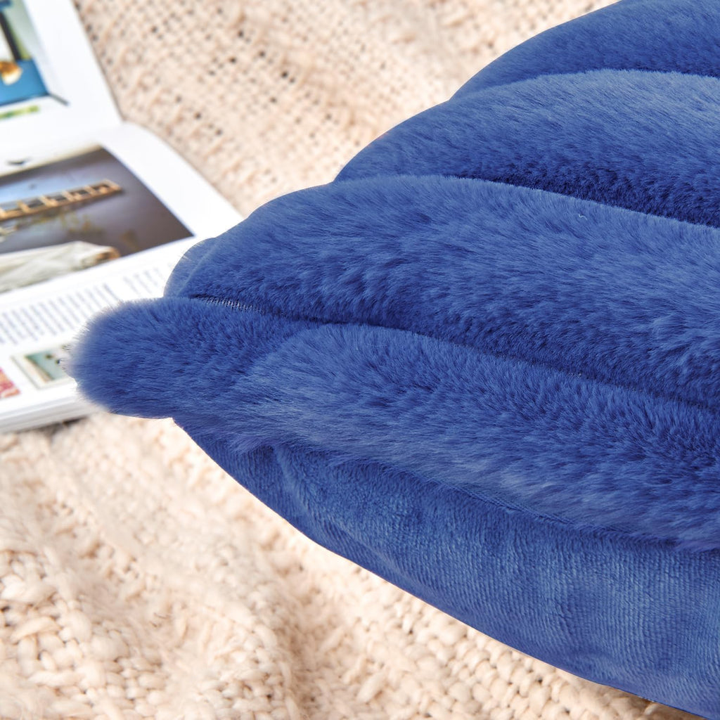 Throw Pillow Covers Decorative Faux Fur Set of 2 12x20 Inch Pillow Covers, Soft Navy Blue Lumbar Plush Striped