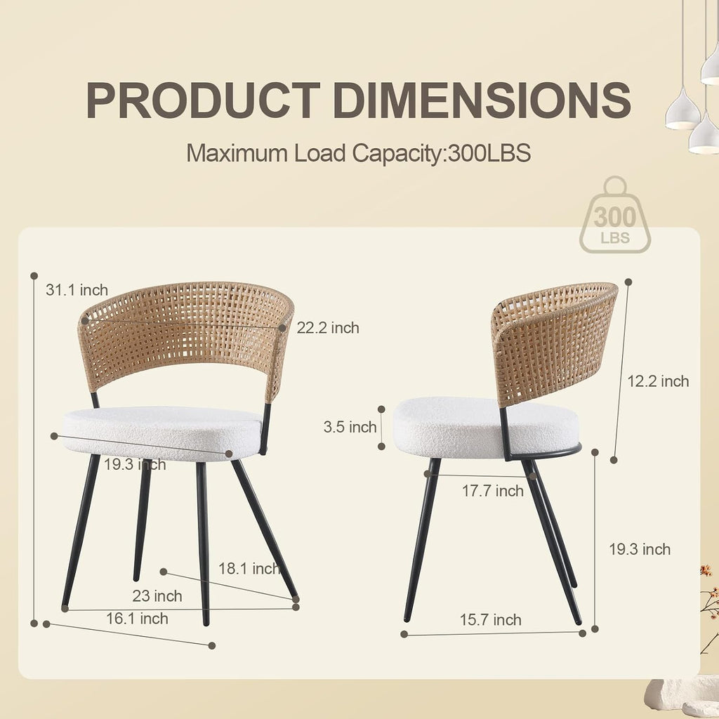 Rattan Dining Chairs Set of 4, Wicker Dining Chairs Set of 4 with PE Rattan Back,Wing Back Kitchen Chair with Boucle