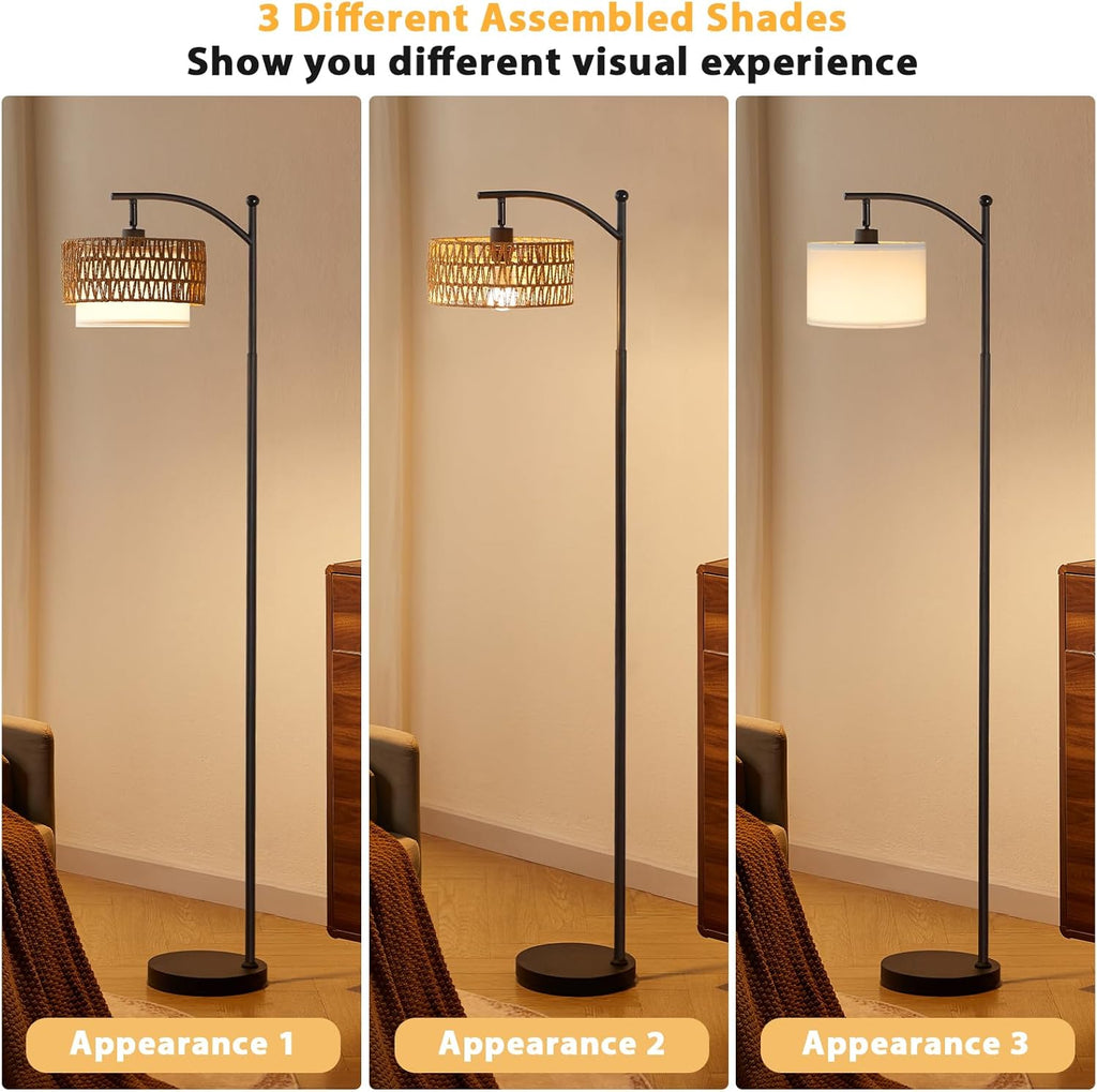 Arc Floor Lamp with Remote, Boho Standing Lamp with Rattan & Linen Shades, Color Temperature & Dimmable Bulb