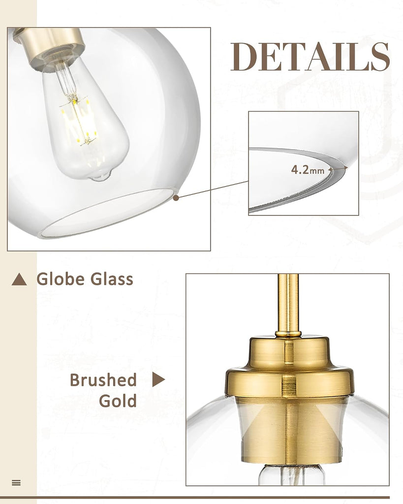 8 inch Modern Gold Pendant Light Fixtures, Mid Century Globe Pendant Lights with Clear Glass, 1 Light Hanging Lights