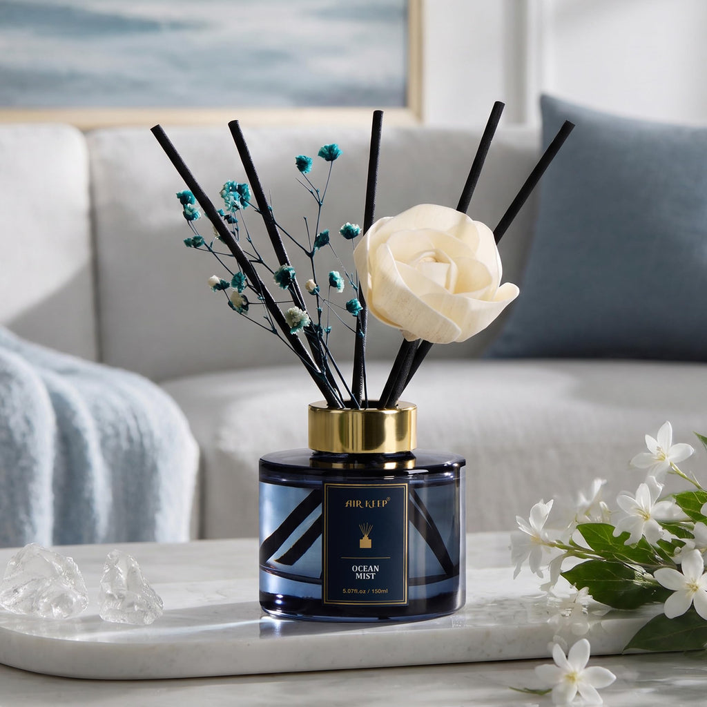 Flower Reed Diffusers Set, 5.07 oz Ocean Mist Scented Oil Diffuser with 8 Reed Sticks, Home Fragrance Diffuser Gift
