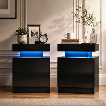 Nightstand Set of 2 with LED Lights, 24in Tall Night Stand with Storage Cabinet , Bedside Table with LED (Black