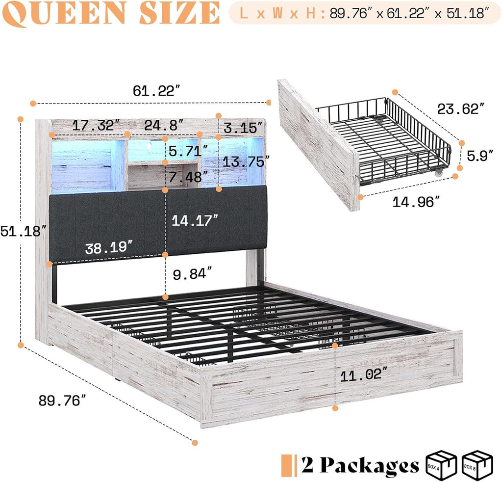 Queen Bed Frame with 51.2" Tall Bookcase Headboard, Farmhouse Platform Bed with 4 Storage Drawers, Linen Upholstered