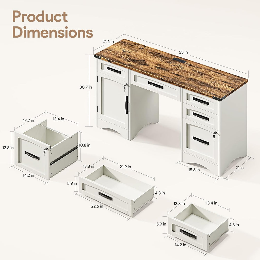 Farmhouse Executive Desk with Drawers, 55" Home Office Desks with Fast Charging Station, Lockable File Cabinet