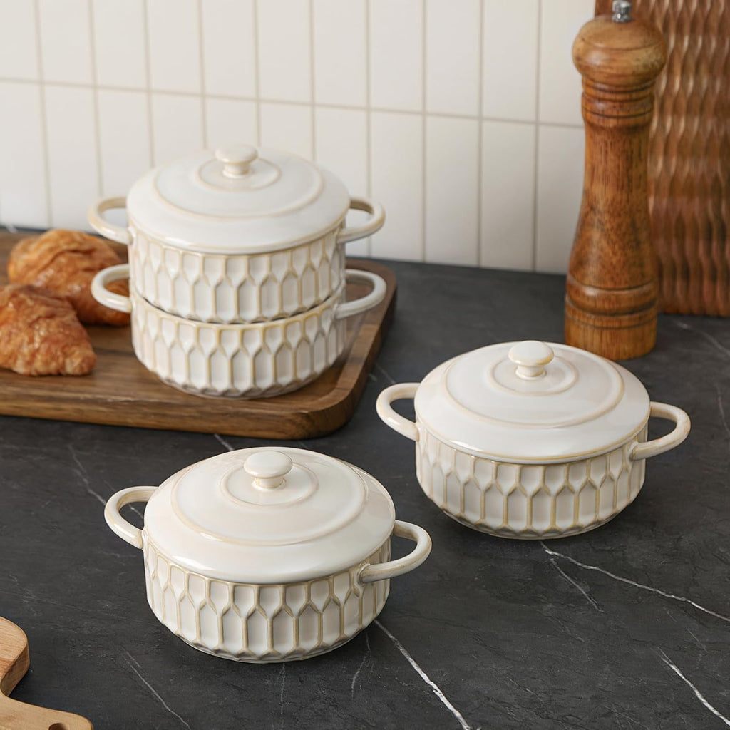 Mini Cocotte Set of 4, 14 oz Ceramic Casserole Dishes with Lids | Individual Dishes for Mini Sourdough, French Onion