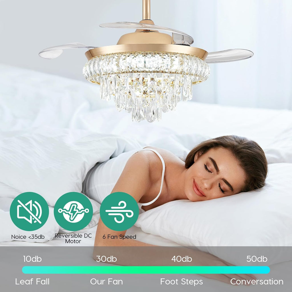 36" Crystal Ceiling Fan with Light, Retractable Blades Fandelier
