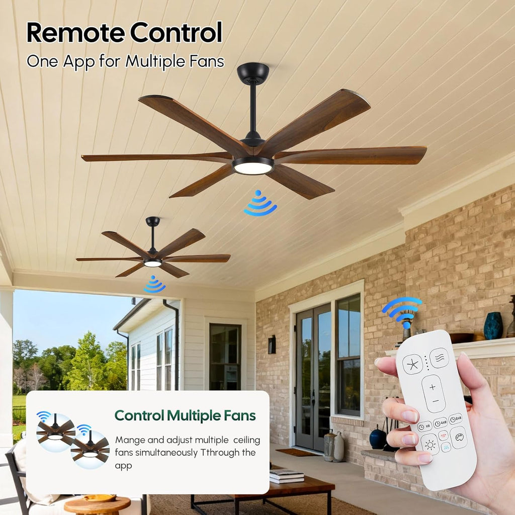 60 Inch Ceiling Fan with Light and Remote, Rustic Farmhouse Style, 6 Brown Solid Wood Blades