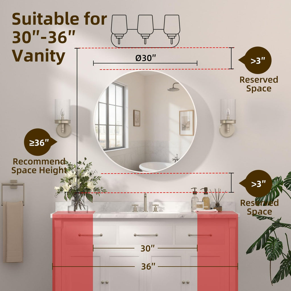 30 x 30 Inch Round White Mirror Medicine Cabinet Surface Mounted, Circular Modern Bathroom Medicine Cabinet with