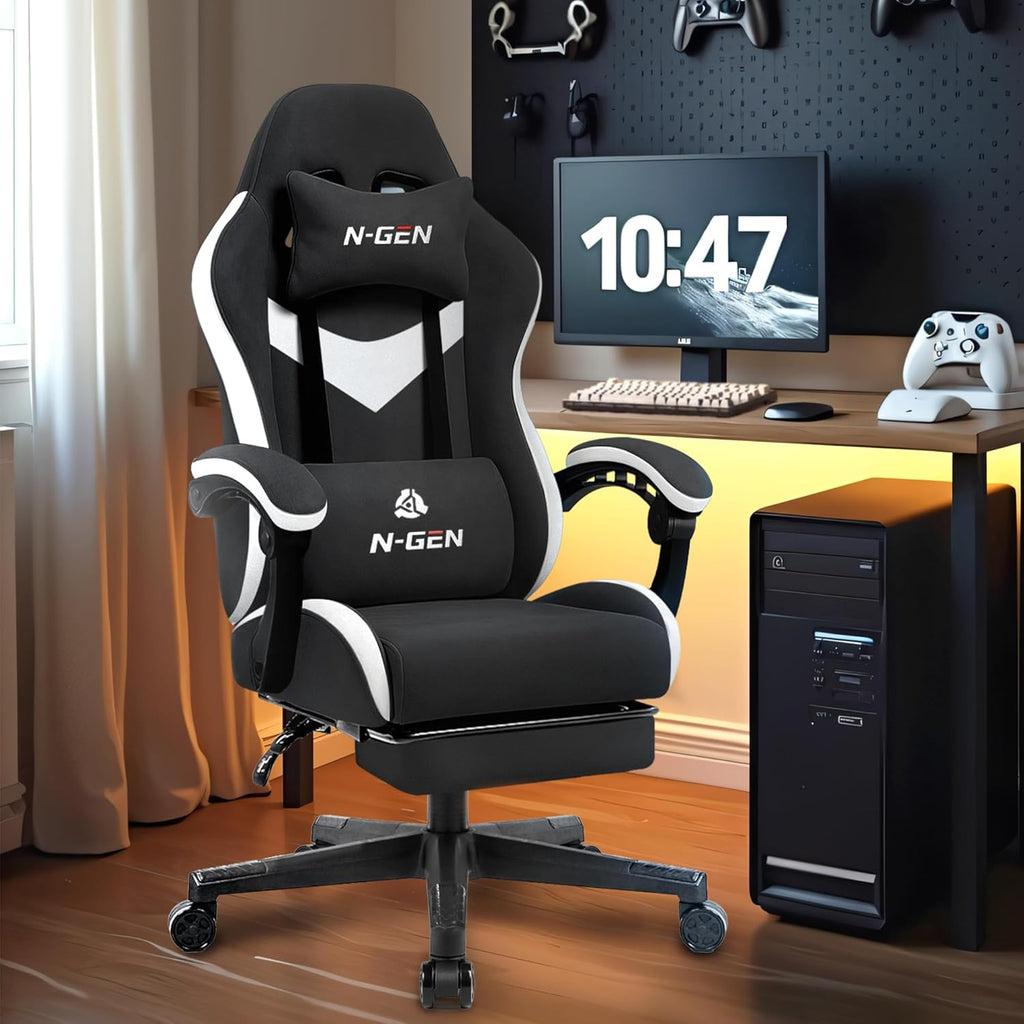 Gaming Chair, Lumbar Support with Breathable Fabric, Black