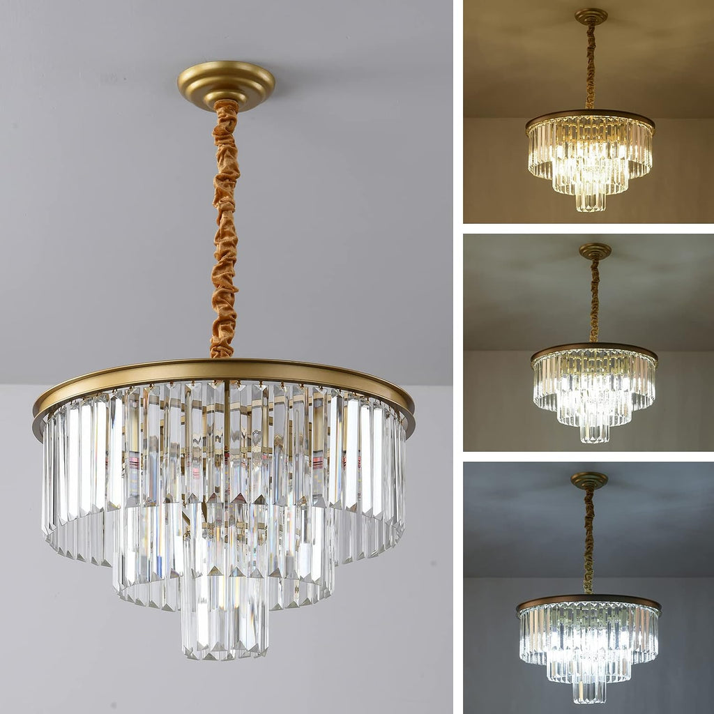 Gold Modern Crystal Chandelier, 3-Tier Round Flush Mount Ceiling Light Fixtures Height Adjustable Pendant Lighting