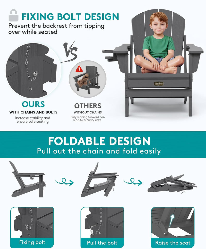 Folding Adirondack Chair with Cup Holder, Fire Pit Chairs - Gray | Foldable Adirondack Chairs for Outdoor