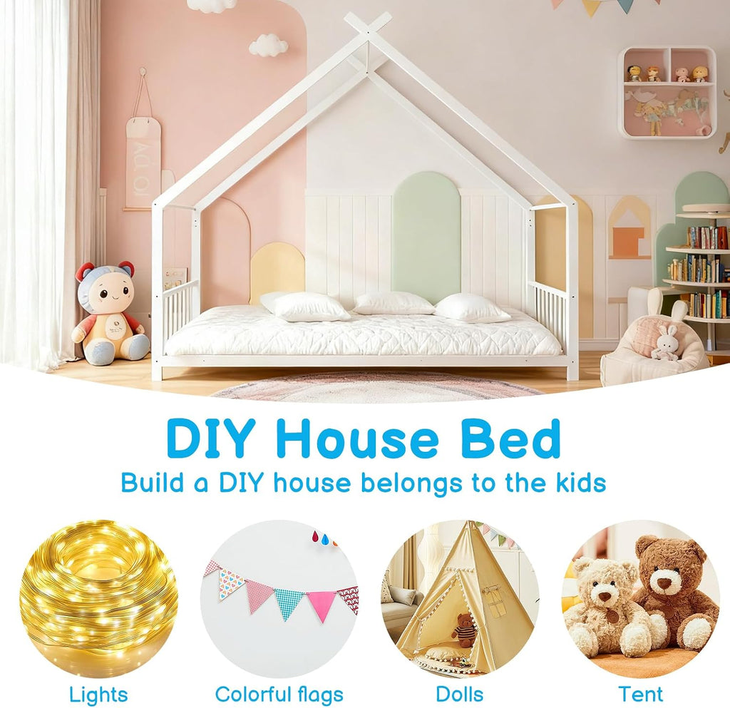 Twin Size Metal Toddler Floor Bed with Slats & Fence, White | Metal Montessori Bed, Roof/House/Canopy Bed Frame for
