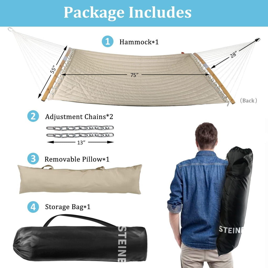 Double Hammock, 11 FT Quilted Fabric 2 Person Hammock for Outside with Pillow, Folding Curved Spreader Bar, Chains