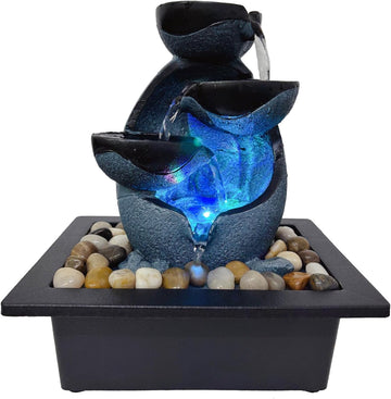 Tabletop Water Fountain with LED Lights, Indoor Resin Waterfall Fountain for Desk Office Home Decor, Zen Meditation