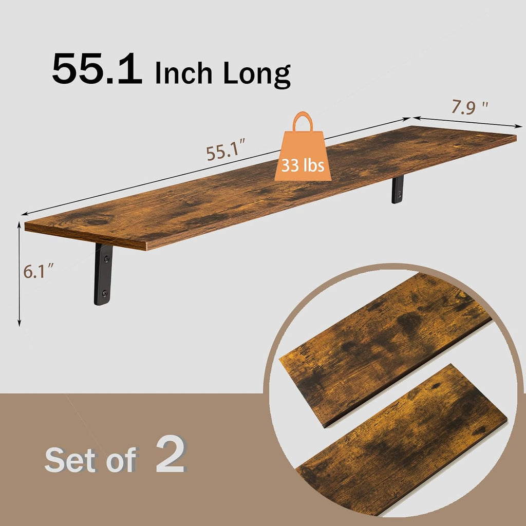 Long Wall Shelves, 55.1Inch Wooden Wall Mounted Shelves, Set of 2 | Large Floating Book Shelf, Metal Brackets, Easy