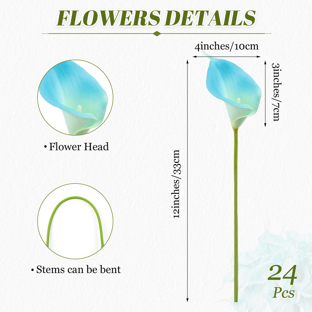 24 Pcs Artificial Calla Lily Peacock Blue Fake Silk Flowers