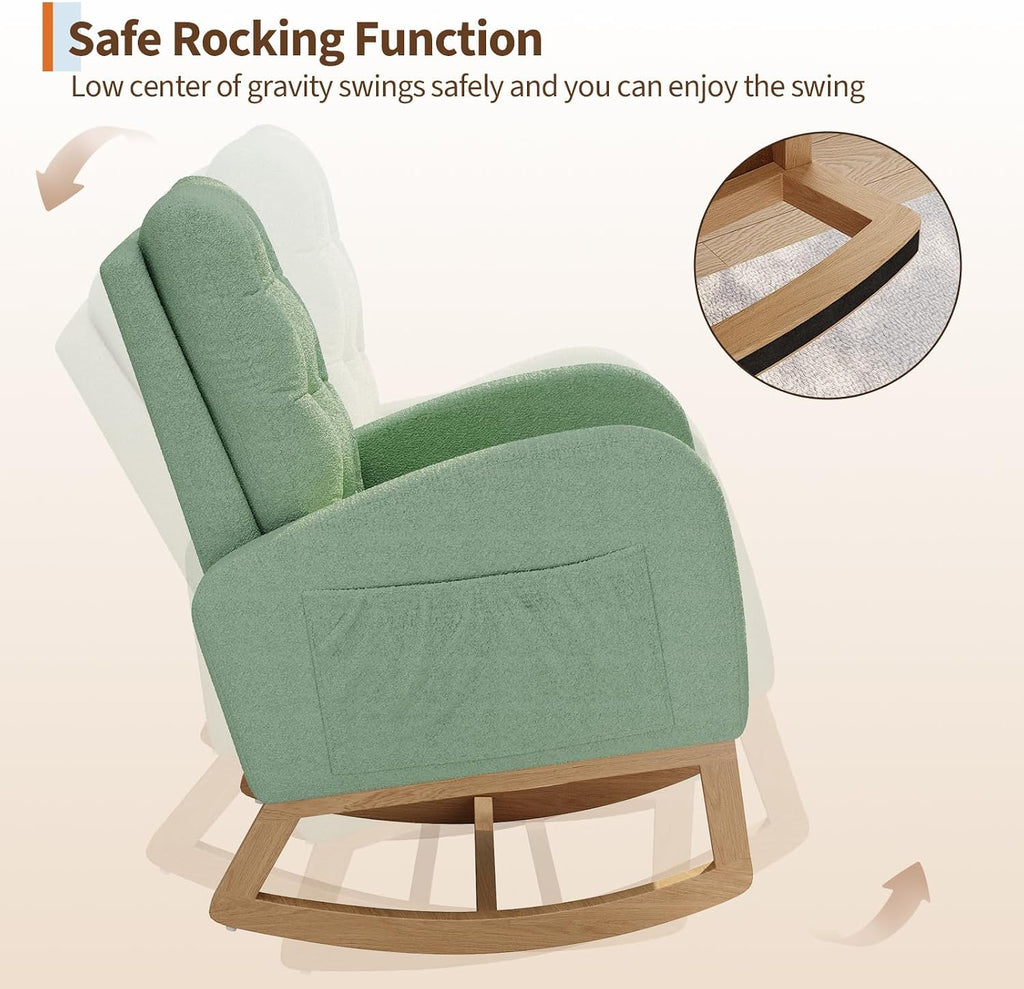 Modern Rocking Chair -Green | Comfortable Recliner Rocker with Side Pocket, Soft Linen Upholstered Glider Chair