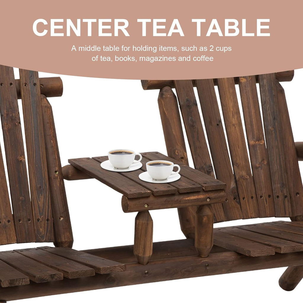2-Seat Wooden Adirondack Chair Patio Bench with Table Carbonized | Outdoor Loveseat Fire Pit Chair, Porch, Backyard