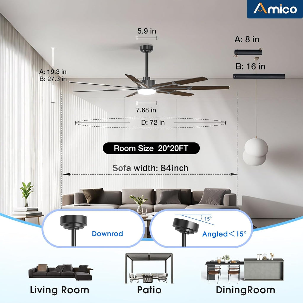 72 Inch Ceiling Fans with Lights and Remote, Indoor Outdoor Ceiling Fan , Quiet 6-Speed Reversible DC Motor