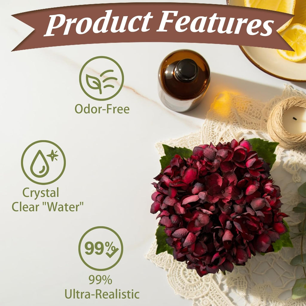 Burgundy Artificial Hydrangea Arrangement in Glass Vase with Faux Water, Lifelike Faux Hydrangea Flowers, Floral