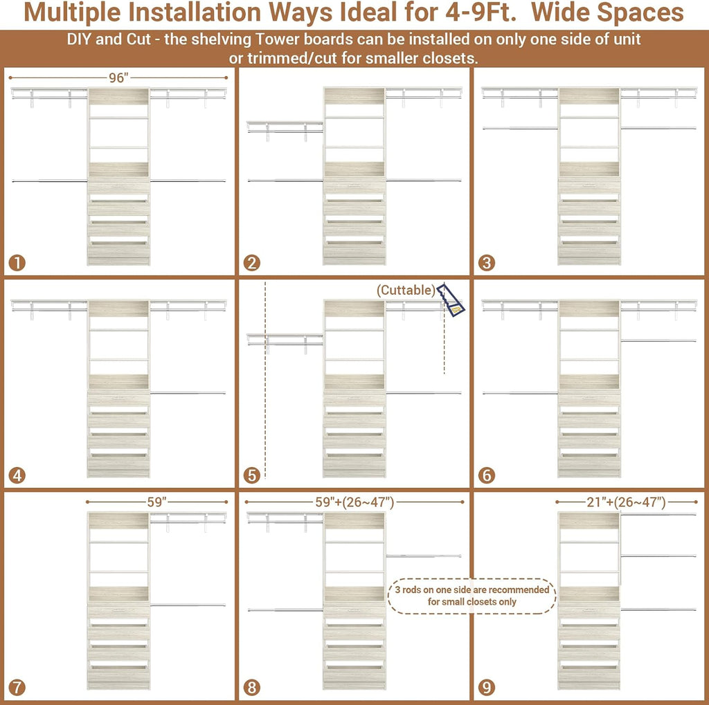 Closet System with 4 Drawers, 8FT Wood Closet Organizer System, 96'' Closet Built In System Tower with Shelves