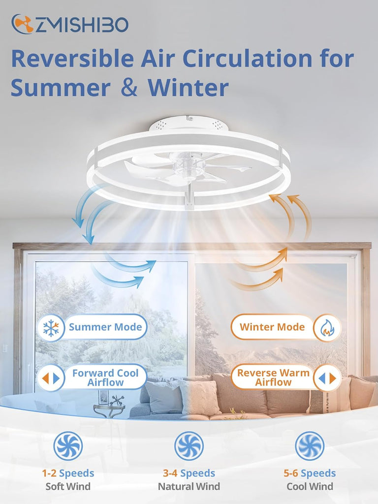 Ceiling Fans with Lights and Remote, 19.7'' Low Profile Ceiling Fan, 3000-6000K Dimmable Modern Flush Mount LED Fan Light, 6 Wind Speeds, White Fandelier Ceiling Fans for Bedroom