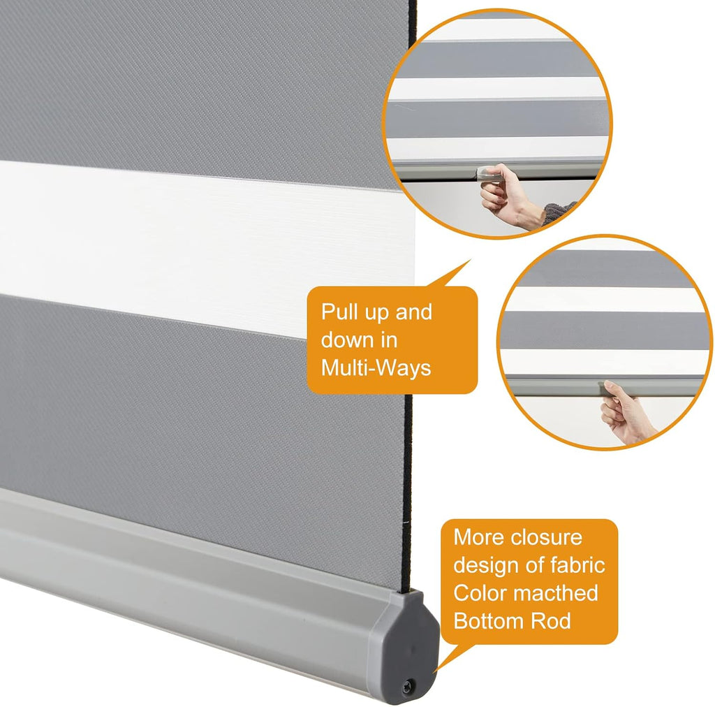 Cordless Zebra Blinds for Windows Free-Stop Window Blinds (30" W X 72" H, Grey) Dual Layer Light Control for Day and Night, Light Filtering Sheer Shades for Home, Easy to Install