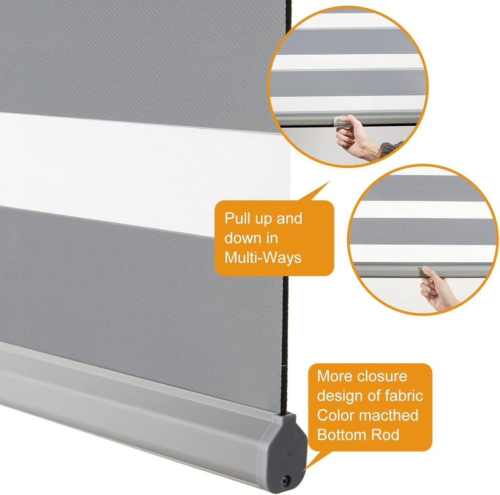 Cordless Zebra Blinds for Windows (46" W X 64" H, Grey) Free-Stop Windows Shades Dual Layer Light Control for Day and Night, Light Filtering Sheer Shades for Home, Easy to Install