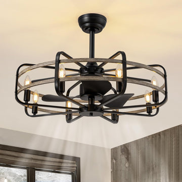 30 Inch Caged Ceiling Fan with Light, Bladeless Farmhouse Ceiling Fan with Remote 6 Speed Reversible Industrial
