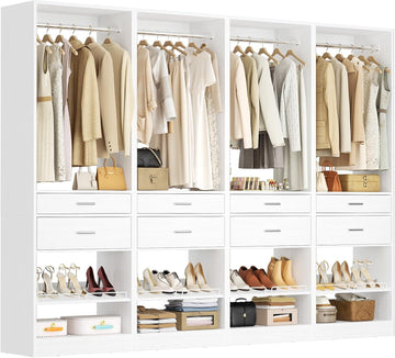 Closet System, 8.3FT Closet Organizer with 8 Wooden Drawers, 4 Hanging Rods, Adjustable Shoe Rack, Easy Assembly
