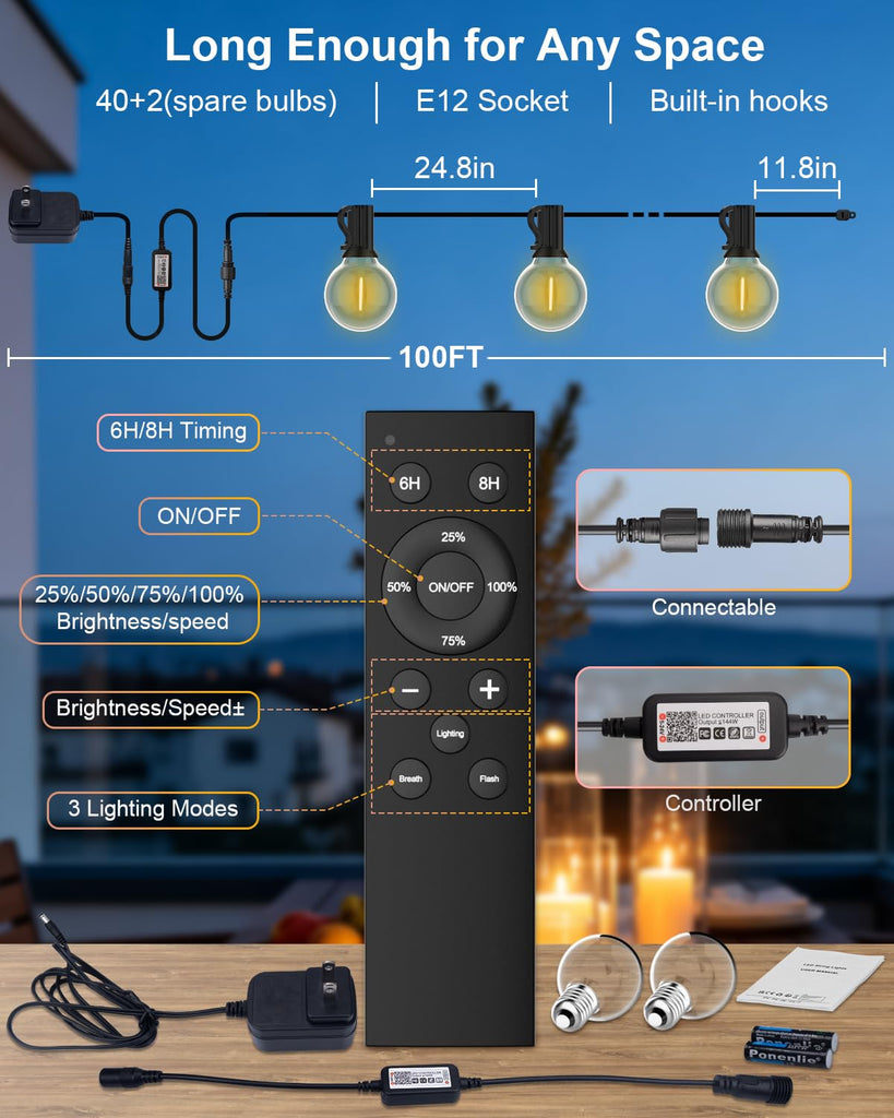 Outdoor String Lights, Smart APP & Remote Control Dimmable Patio Lights with Timer, Plug in LED String Lights