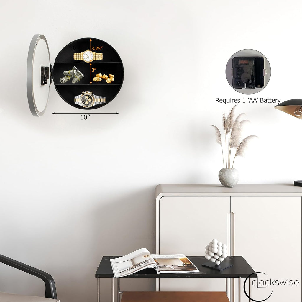 Clockswise 10in Wall Mounted Clock with Hidden Storage Door Stylish Safe for Valuables Featuring Secret Interior Compartment Diversion...