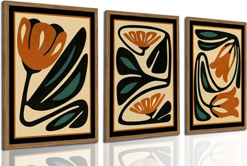 Mid Century Floral Wall Art Set of 3, Modern Abstract Botanical Wall Decor Picture, Vintage Boho Eclectic Plant