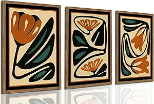 Mid Century Floral Wall Art Set of 3, Modern Abstract Botanical Wall Decor Picture, Vintage Boho Eclectic Plant