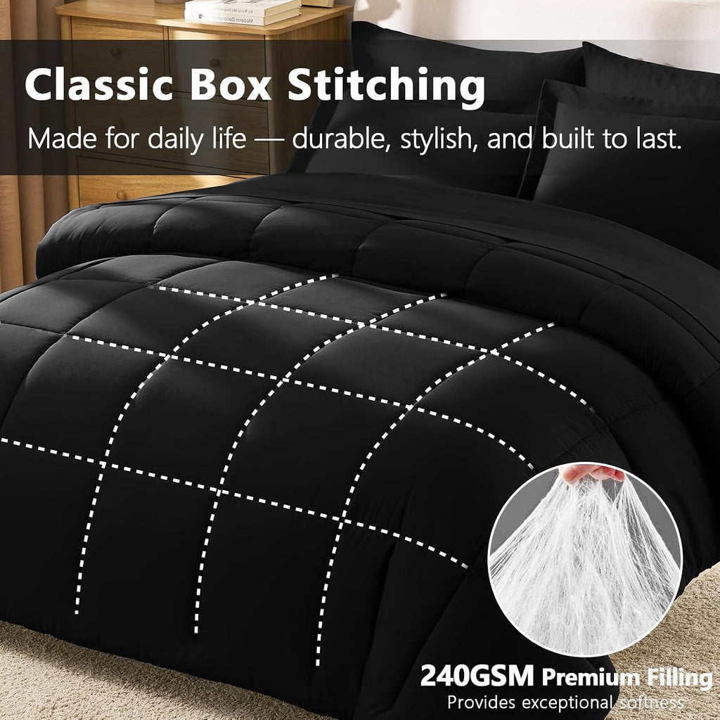 Full Comforter Sets, 7-Piece Bed in a Bag, Black