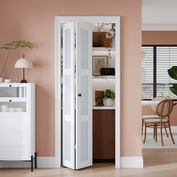 Preassembled Bi-Fold Doors, for 28"x 80" Opening,Tempered Frosted Glass Closet Folding Barn Door wit