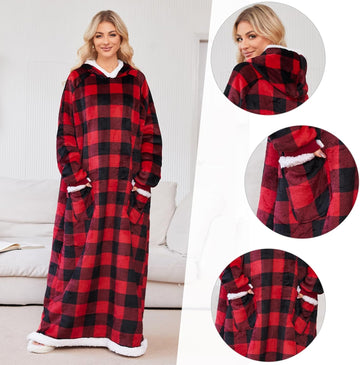 5FT Oversized Wearable Blanket Hoodie Flannel Sherpa Fleece Warm Cozy Christmas Wrap Throw Gifts for Adult