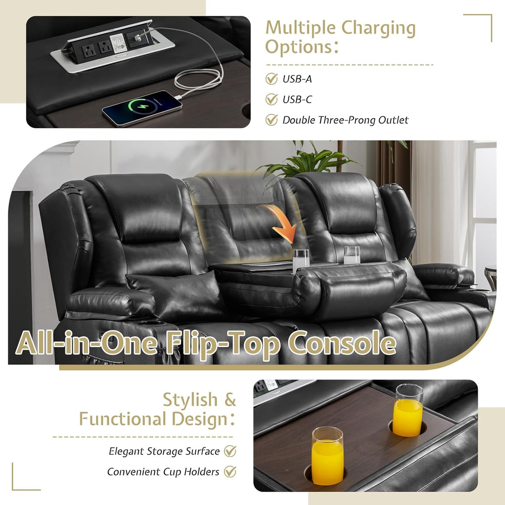 Power Loveseat Recliner Sofa with Adjustable Split Back, Multi-Port Charger, Flip-Up Backrest & LED Lighting