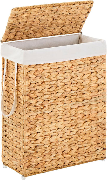 Handwoven Slim Laundry Hamper with Lid, Narrow Wicker Laundry Basket, Natural Water Hyacinth Basket and Handleswith