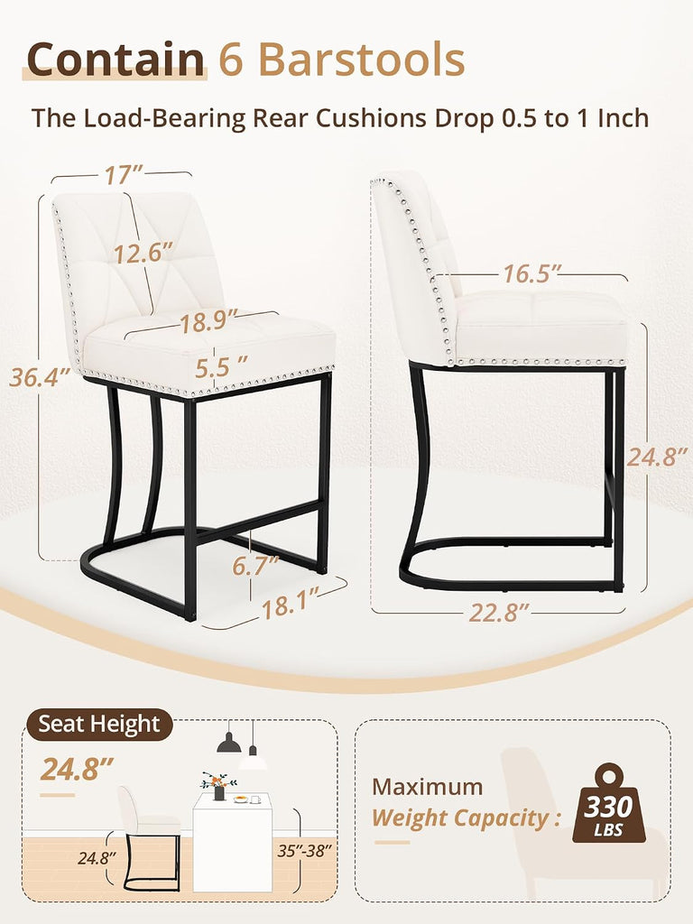 24" Bar Stools Set, Counter Height Bar Stools with 5.5" Thick Cushion, Upholstered Leather Barstools with Metal