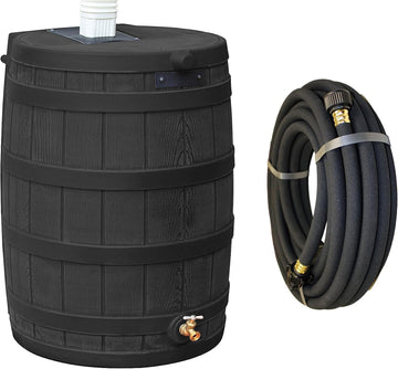 Rain Wizard 50 Gallon Water Collection Barrel & Soaker Hose | Black - Plastic Rain Barrel with Faux Wood Design