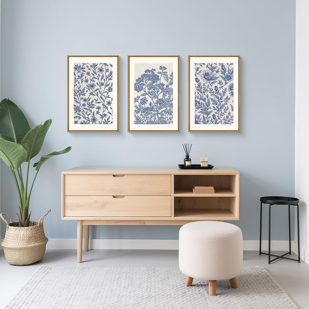 Large Classic Chinoiserie Flower Framed Canvas Wall Art Set,Minimalist Blue and White Floral Wall Decor,Navy