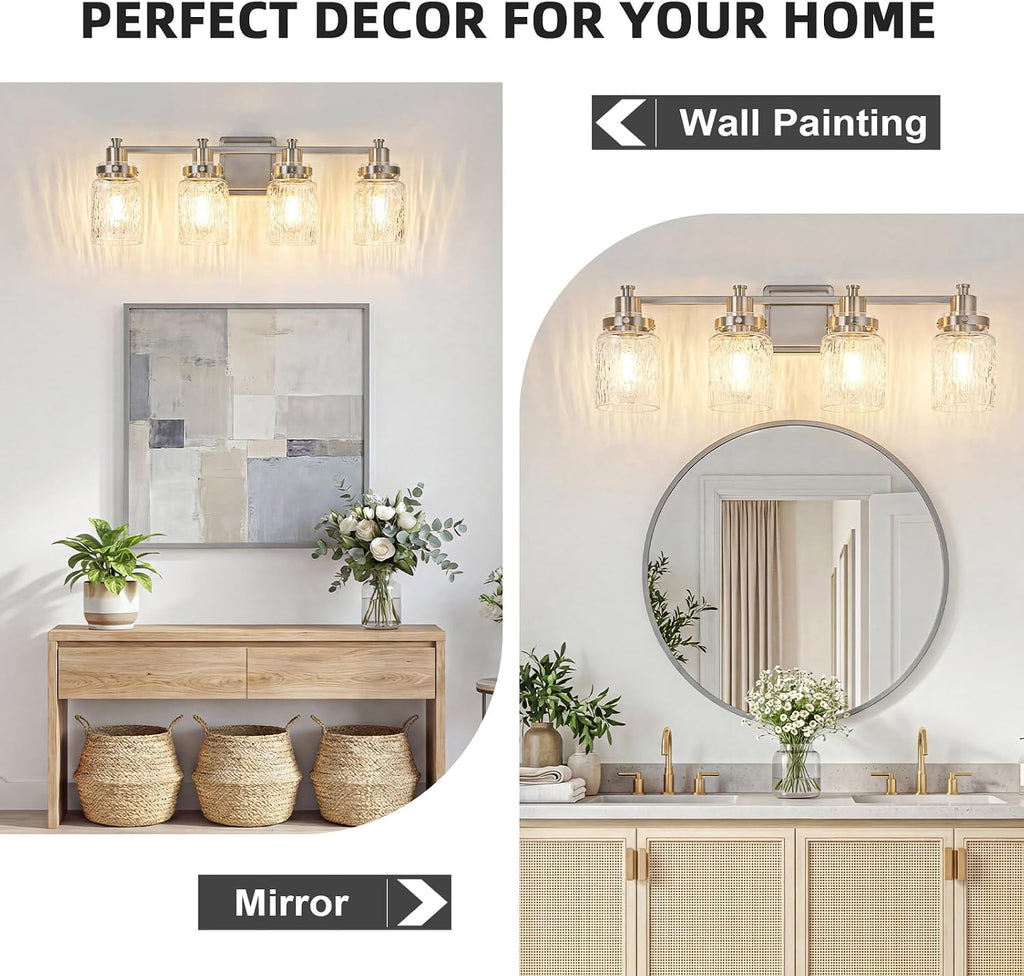 4 Lights Bathroom Light Fixtures Farmhouse Brushed Nickel Vanity Lights Lighting Fixtures Over Mirror with Hammered