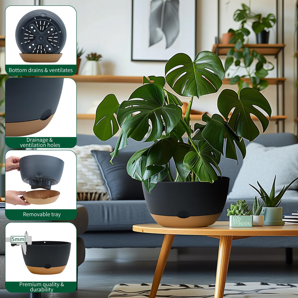8/10/12 Inch Pots for Indoor Plants, Large Self Watering Planters with Drainage and Saucers, Plastic Outdoor Flower