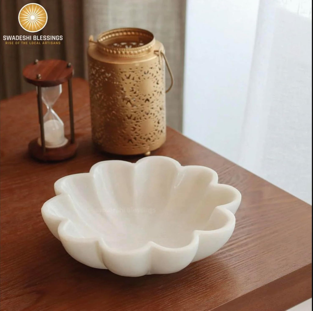 HandCrafted Marble Decorative Bowl | White Ruffle Scalloped Fluted Key/Fruit Ring Dish | Organic Modern Home Decor (6